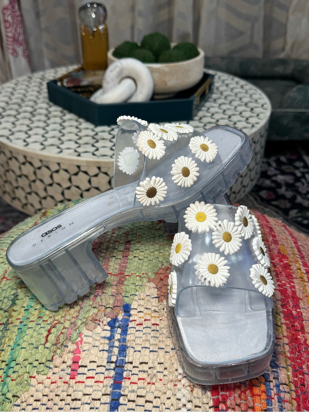◻️🌼▫️ASOS Clear Daisy Embellished Platform Heeled‎ Slide Sandals ▫️🌼◻️ - Picture 3 of 8